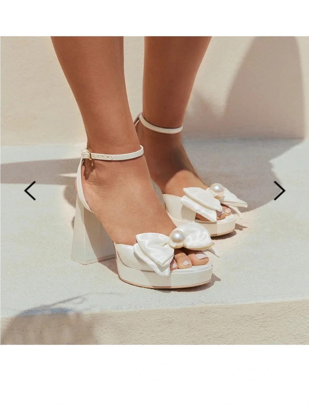 Dolce Vita “Patton” White Satin Platform Heels with Bow & Pearl